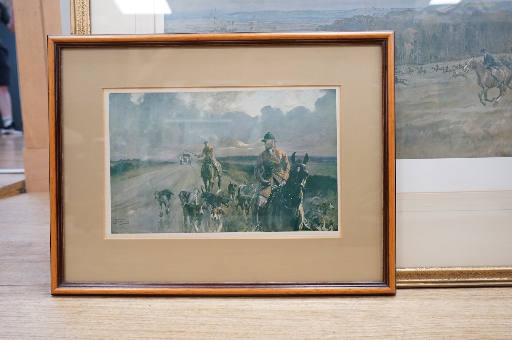 After Lionel Edwards (1878-1966), two hunting scenes with horses and hounds, one signed in pencil to the mount and Fine Art Trade Guild blind stamped, published by Eyre & Spottiswoode Ltd., colour prints, largest 38 x 51